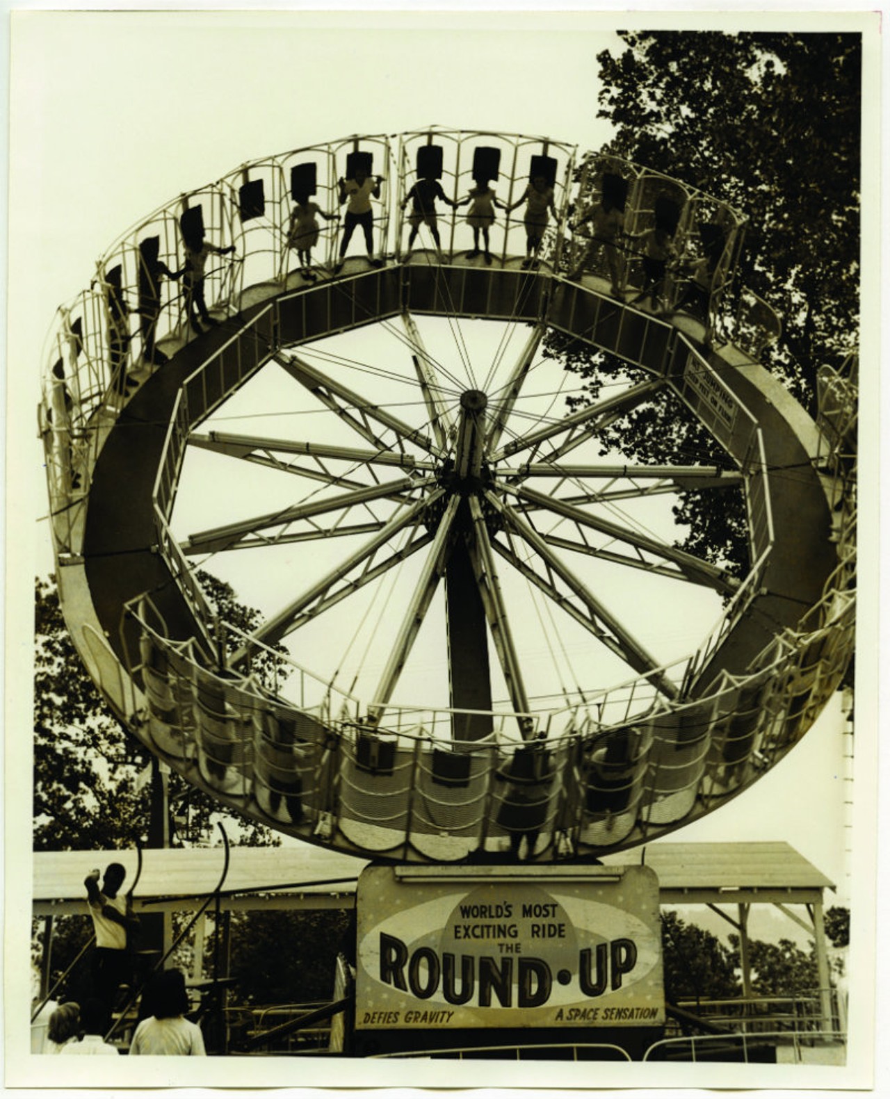 Pretend to tempt your fate on the oblong Ferris wheel at Chain of Rocks Amusement Park.From 1927 until its closing in 1978, the Chain of Rocks Amusement Park offered amusement and fun in north St. Louis along the former path of Route 66 at the western entrance to the Chain of Rocks Bridge. Along with swimming pools and a roller skating rink, Chain of Rocks offered a multitude of classic amusement park rides, including a roller coaster (the Comet), a haunted house, a Whip, a Tilt-O-Whirl, and a Sky-Lift, which offered a wonderful view of the mighty Mississippi. Its most curious ride was the Swooper, an oblong Ferris wheel designed to make riders feel like they&#146;d be plunked into the Mississippi River each time their car swooped down. The park thrived in north St. Louis until the late 1960's, when a declining school population began to affect attendance. With a Six Flags newly constructed far to the west, Chain of Rocks closed for good in 1978.Photo courtesy of the Missouri History Museum, St. Louis.