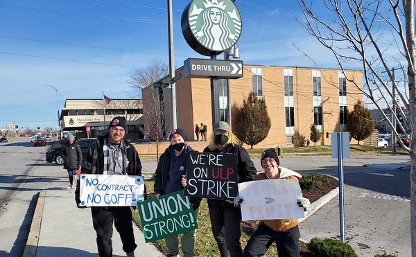 Riley Staack (third from left) on strike with other Hampton Starbucks workers.