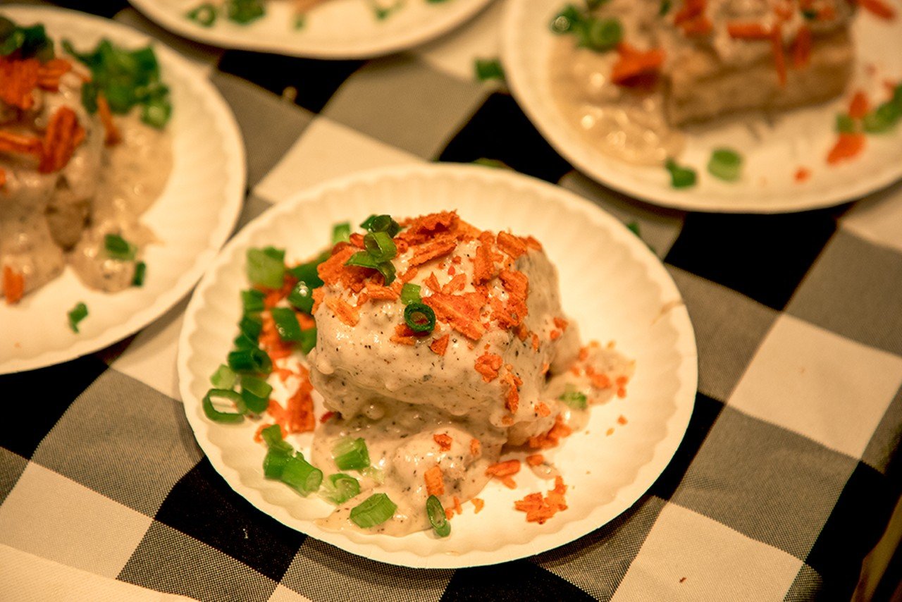 Honey Bee Biscuits topped its plates of biscuits and gravy with Red Hot Riplets and green onions.