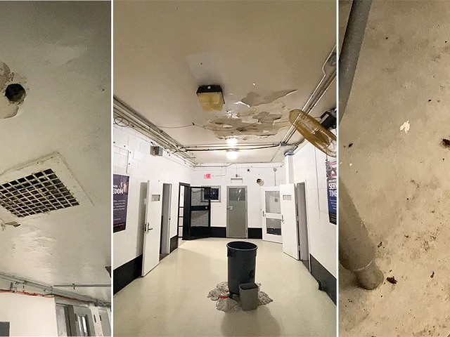 Three scenes from tour inside the Workhouse jail show (from lift to right) holes in a hallway ceiling, rain leaking into buckets, and a bug on the decrepit kitchen floor.
