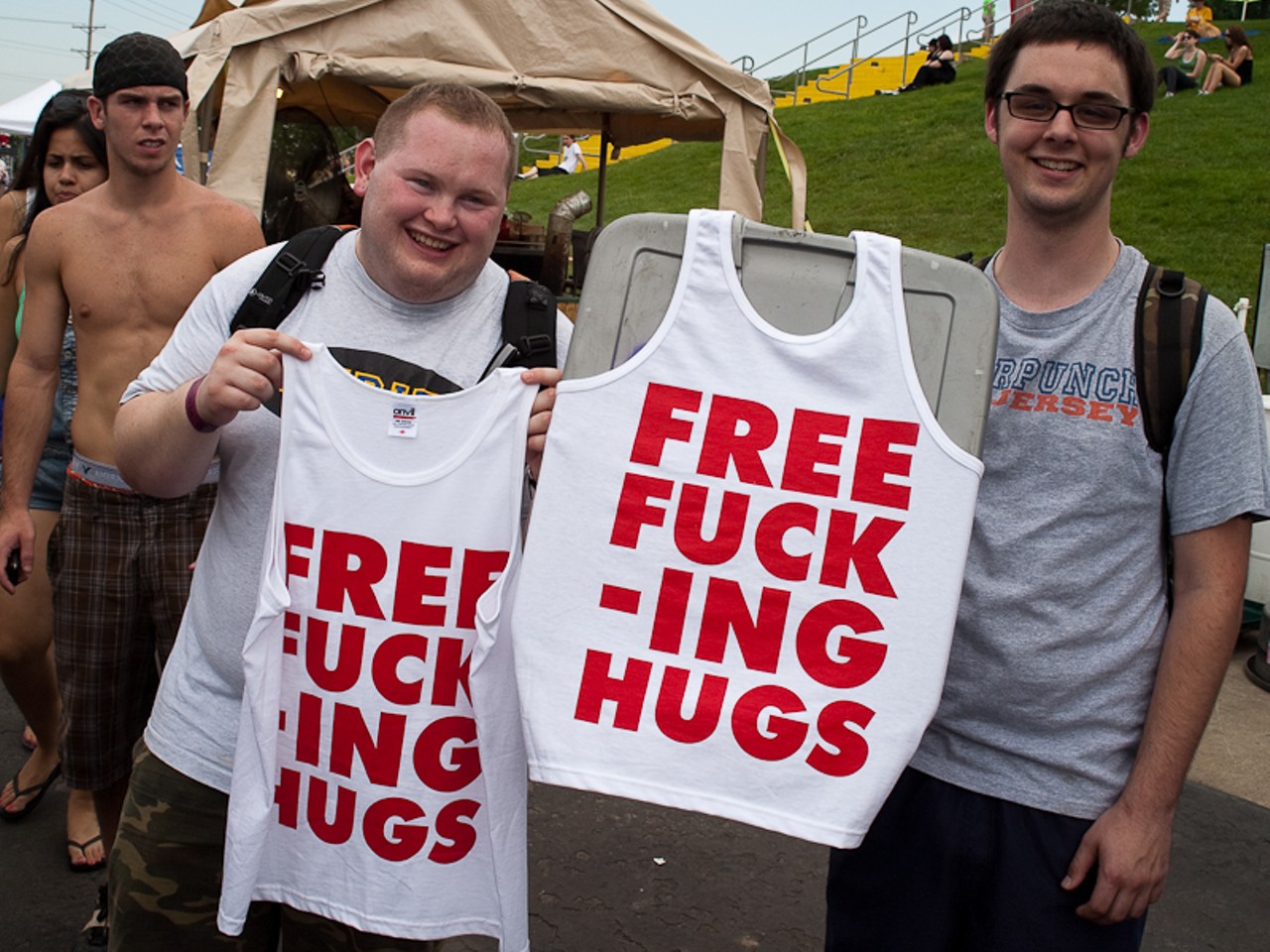 Kevin Vaughn (left) and James Carroll (right) with shirts advertising free hugs, ironically the shirts were $20 each.