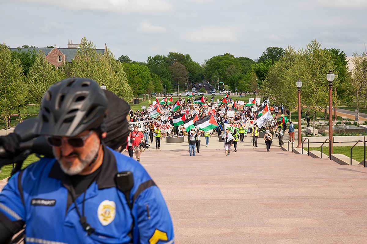 A protest on the Wash U campus on Saturday, April 27, has led to administrators to take security measures that include fencing off the campus and requiring ID before people enter.