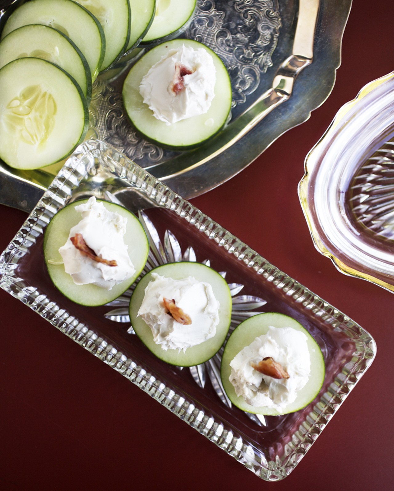Small plate/ Appetizer, Cucumber is served with gorgonzola mousse and pancetta.