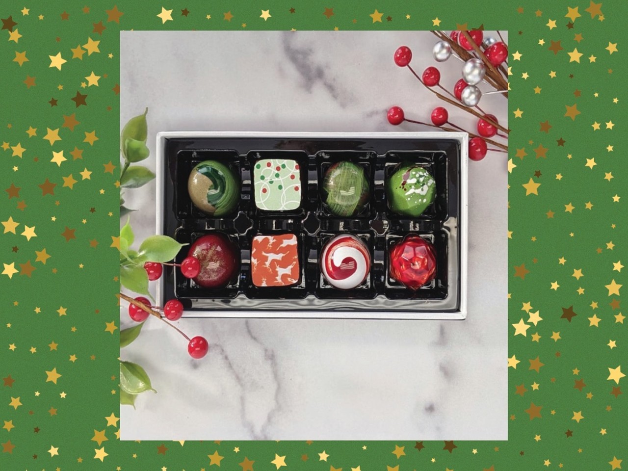 Eight Piece Bonbon Box from Bijoux STL: $18
(13014 Manchester Road, , bijoux-chocolates.square.site)
Don&#146;t be fooled by these little pieces of gemlike art, these bonbons are totally edible and crafted right here in St. Louis at Bijoux. Add a pop of color to your holiday food spread and indulge in the tasty sweets. These bonbons come in four, eight, twelve, sixteen, and 24 piece boxes.
Photo credit: Bijoux Handcrafted Chocolates