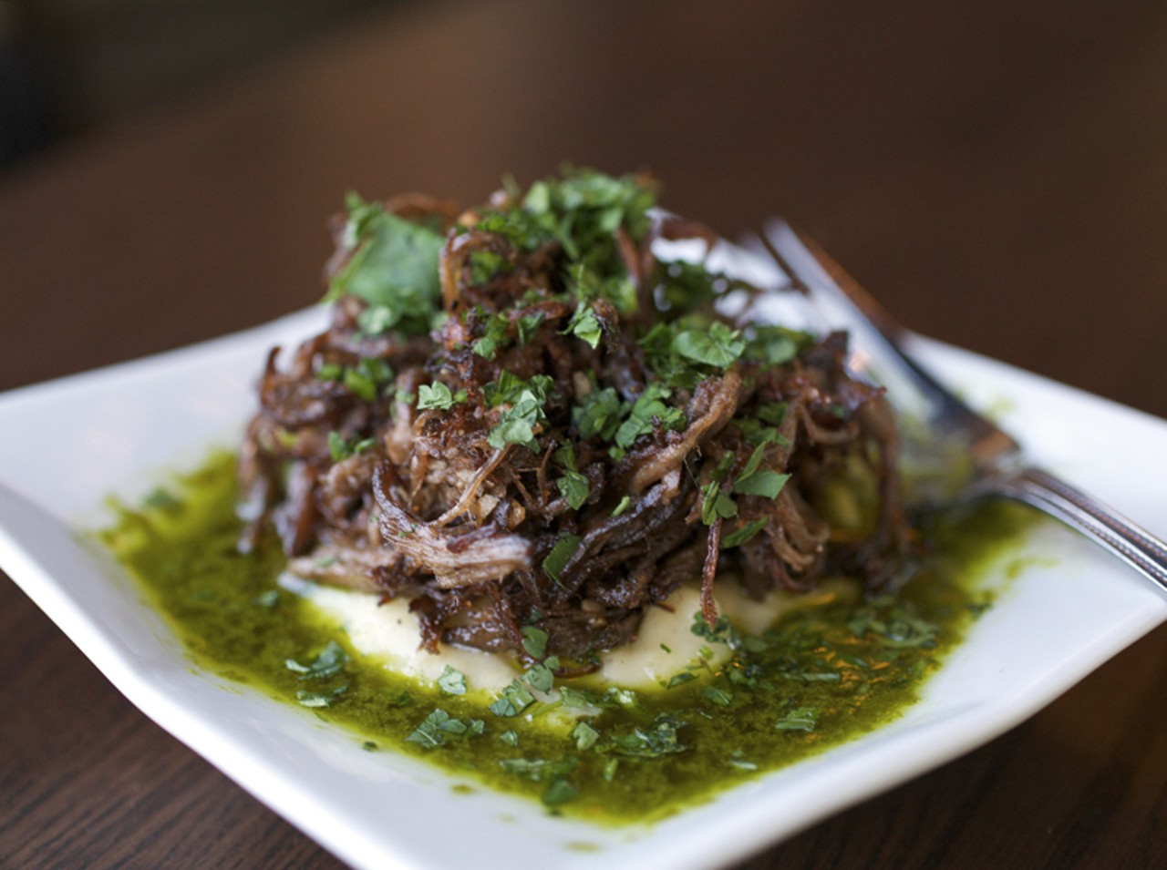 The Vaca Frita with Chimichurri is flash-fried, shredded Angus steak served atop a warm potato puree and garnished with a citrus herb sauce. With this, the suggested pairing is the Piedra Garnacha.